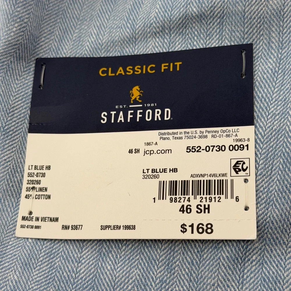 Stafford Sport Coat Mens 46S Light Blue Linen Cotton Herringbone Classic Blazer